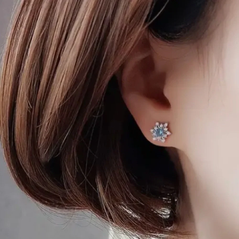 Diamond & Bright Blue Aquamarine Starburst Silver Toned Stud Earrings - Picture 5 of 7